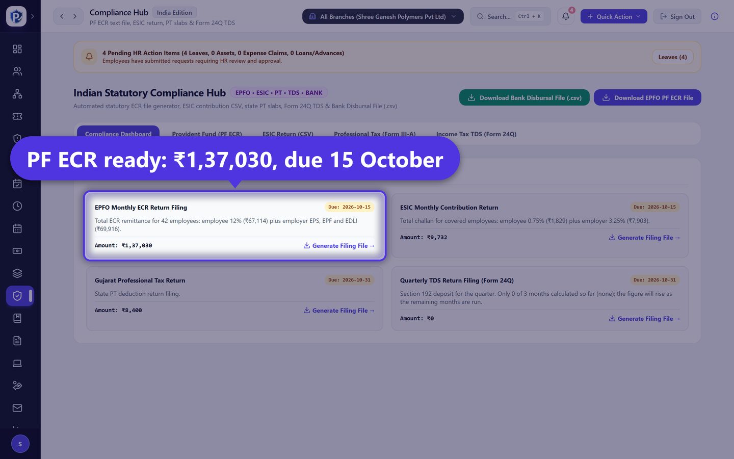 PayrollPro compliance hub with EPFO ECR, ESIC, Professional Tax and Form 24Q downloads
