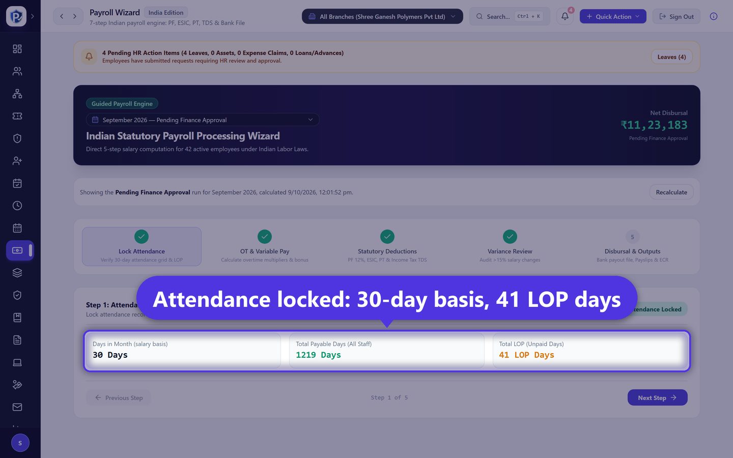 PayrollPro payroll wizard showing a monthly payroll run